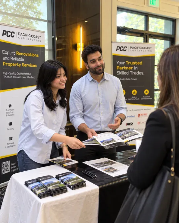 PCC Renovations team members reviewing project materials with a client