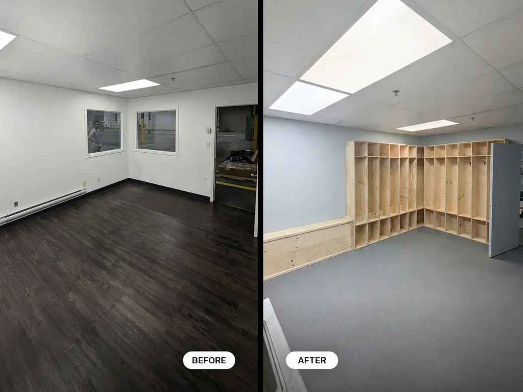 Before-and-after comparison of a repainted room with new flooring and cabinetry