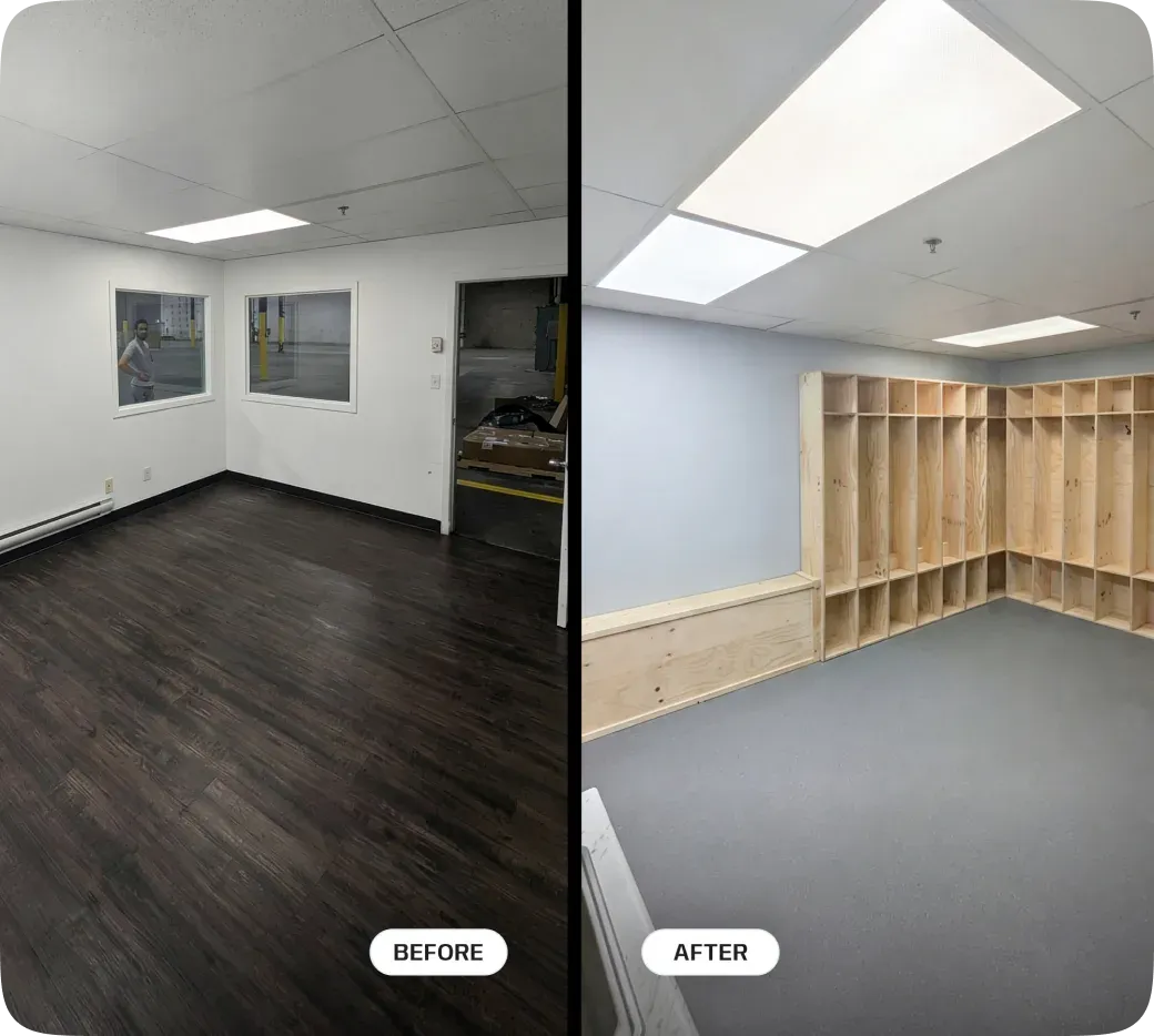 Before-and-after comparison of a repainted room with new flooring and cabinetry