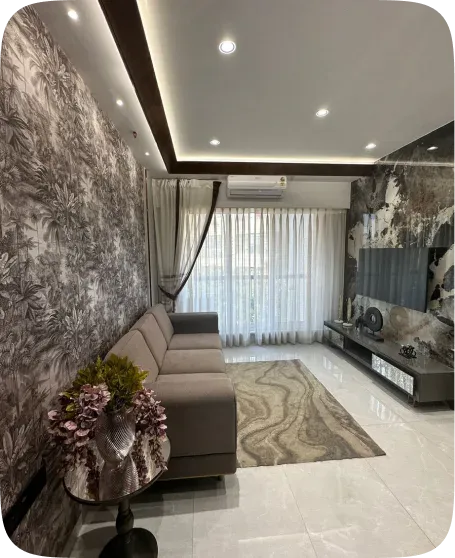 Renovated living room with a feature wall and new flooring
