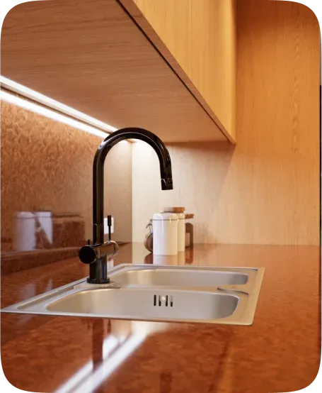 Kitchen plumbing and fixtures installed during a PCC renovation