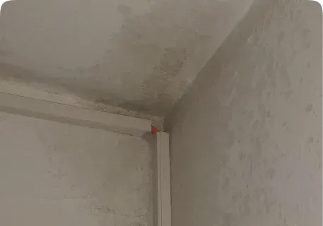 Close-up of a ceiling corner with water stains and discolouration